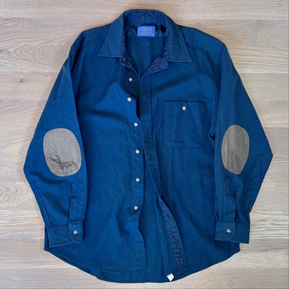VTG 70s Pendleton Virgin Wool Shirt Teal USA Made Suede Elbow Patch Men Large